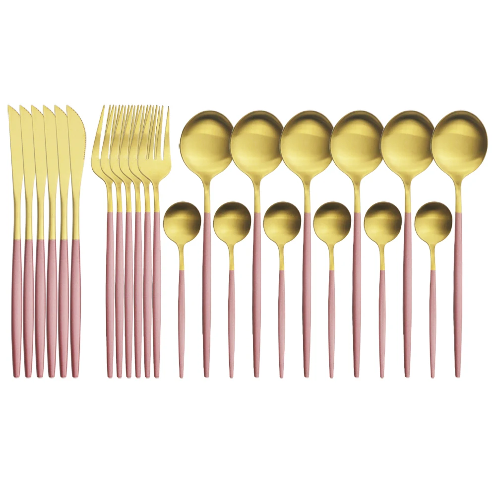 

24Pcs/Set Pink Gold Dinnerware Cutlery Set Stainless Steel Flatware Knives Fork Tea Spoons Tableware Home Kitchen Silverware Set