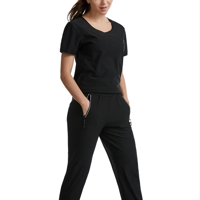 

Sauna Suit Women Sweat Body Shaper Short Sleeve Shirt Workout Top + Sauna Zip Pants for Thermo Waist Trainer Slimming Pants Set