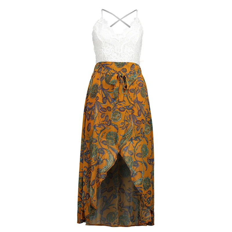 

AECU Summer Women Beach Long Dress Sleeveless Empire Lace Stitching Chiffon Strap Dress Print V-neck A-Line Dress Print Dress