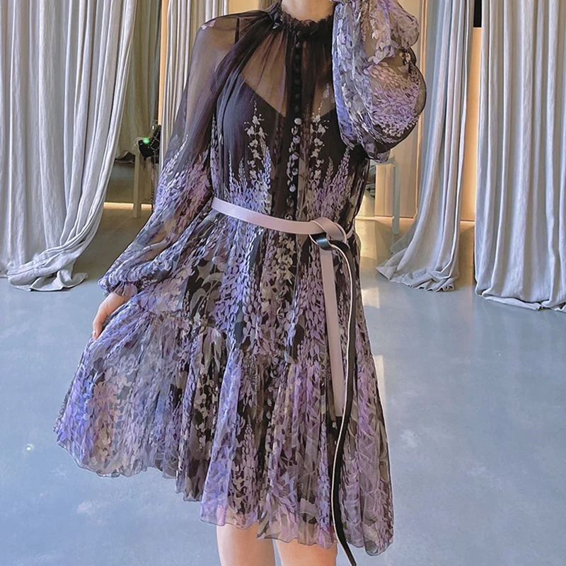 

2021 Summer New Silk Printed Long Sleeve Dress Seaside Holiday Mini Skirt