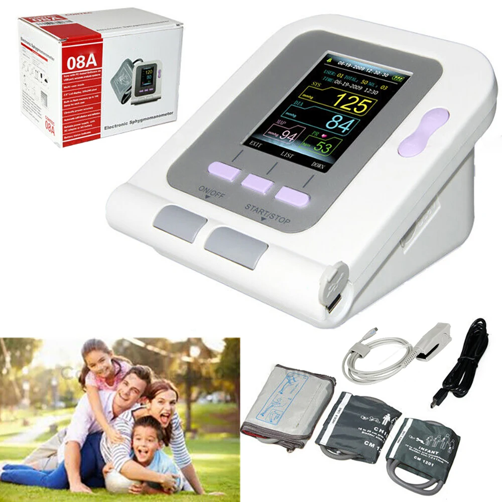 CONTEC08A Portable Digital Sphgmomanometer Automatic Blood Pressure Monitor Upper Arm BP Machine 3PCS NIBP Cuff Adult SPO2 Probe