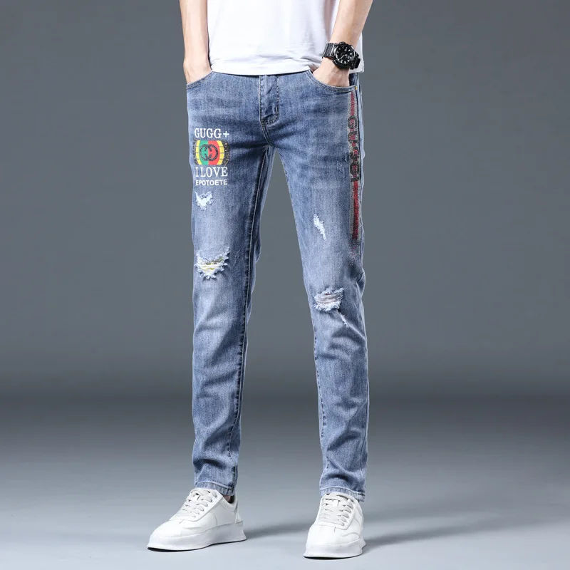 

Luren 2021 Summer Thin Youth All-matching Fashion Brand Jeans Men's Slim Fit Skinny Retro Printed Personalized Men's Pants