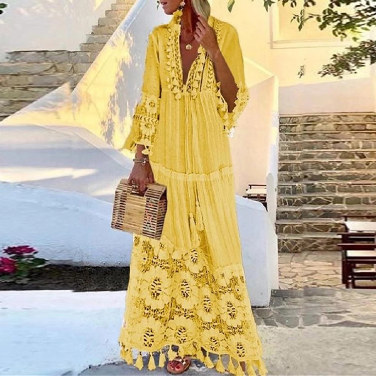 

Jastie Bohemian Long Maxi Beach Dress Patchwork Lace Tassel V-Neck Long Sleeve Spring Summer Dresses for Women Vestidos 2022