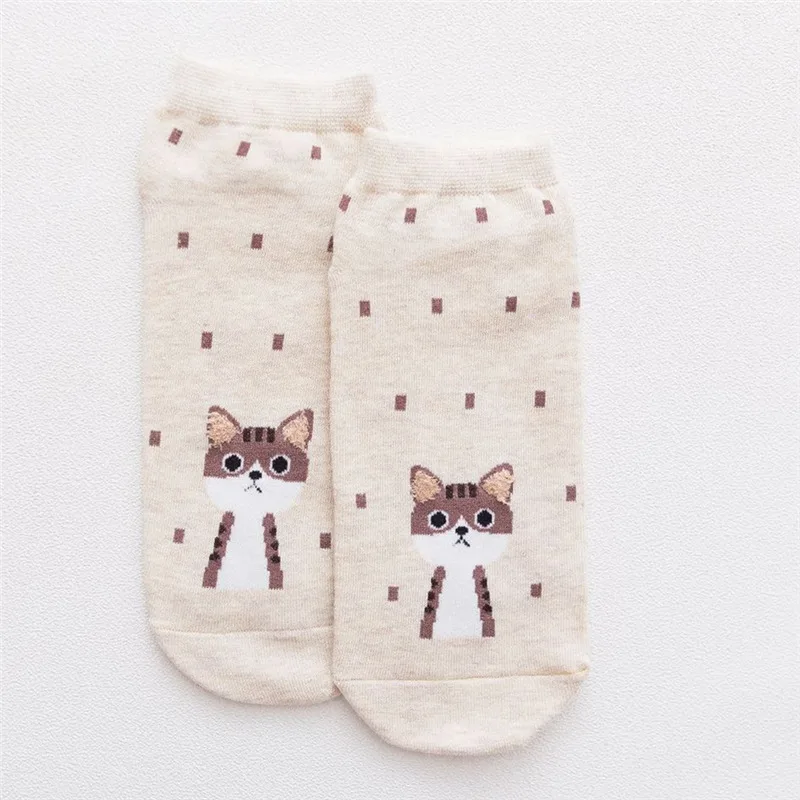 Beige Cat Dots Милые носки в горошек с рисунком кота для девочек; мягкие женские хлопковые носки; сезон весна-лето-осень-зима; модные Молодежные носки до щиколотки - Цвет: Beige Cat Dots
