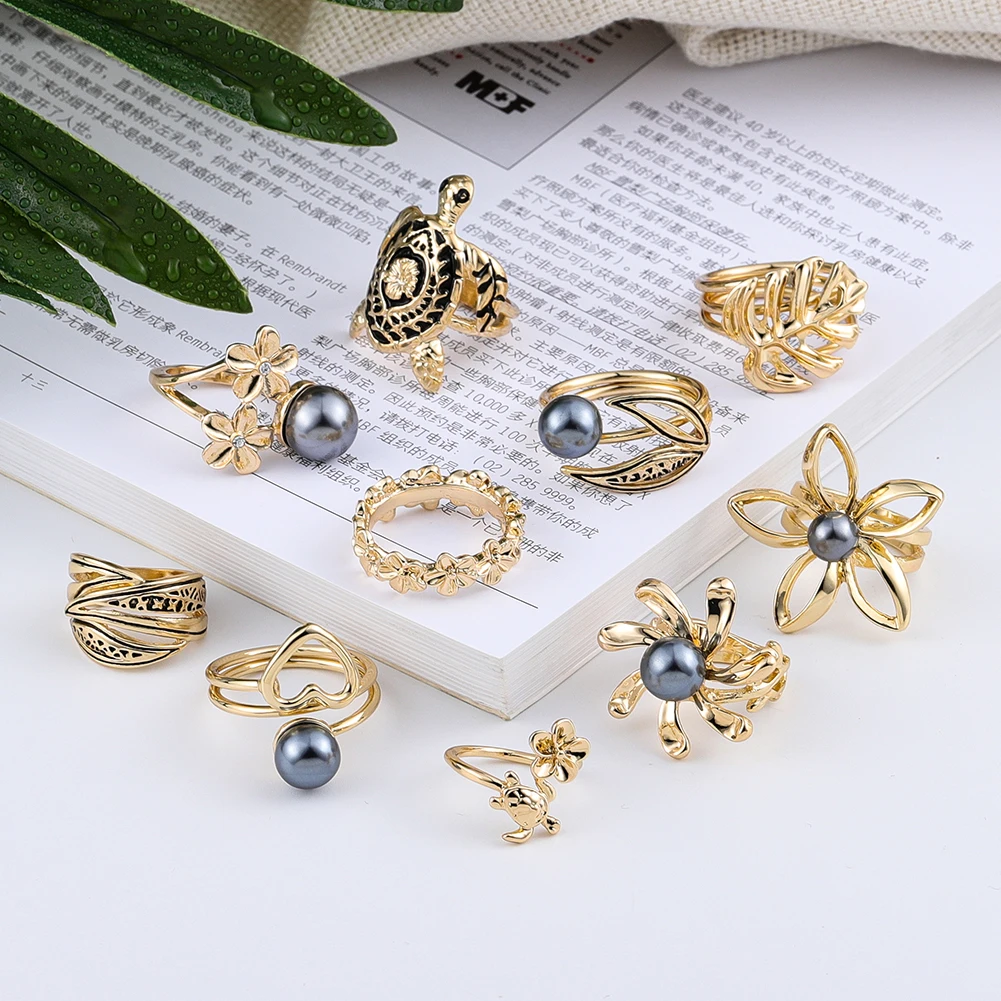 

Clearance Hawaiian Gold Plated Ring Fashion Black Pearl Turtle Flower Jewelry Love Heart Rings Couple Rings for Women Girls
