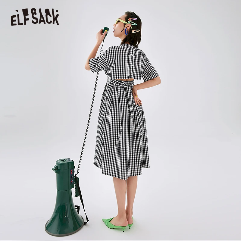 Женское клетчатое платье рубашка ELFSACK черное Повседневное с коротким рукавом и