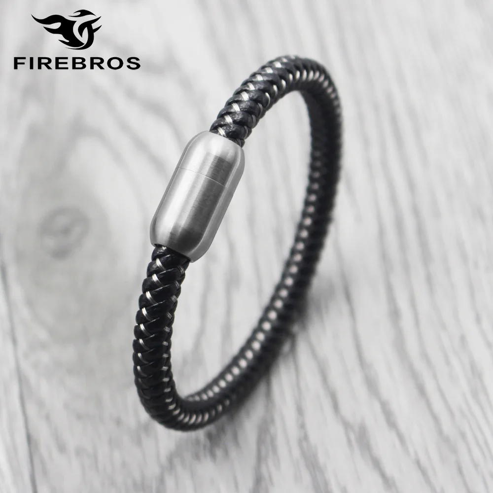 FIREBROS Silver Color Magnetic Buckle Stainless Steel Wire Braided Genuine Leather Bracelet for Men Women Vintage Jewelry Gift | Украшения