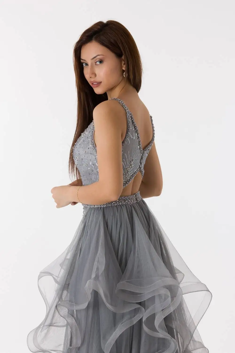 

Low-Cut Frilly Gray Engagement Dress