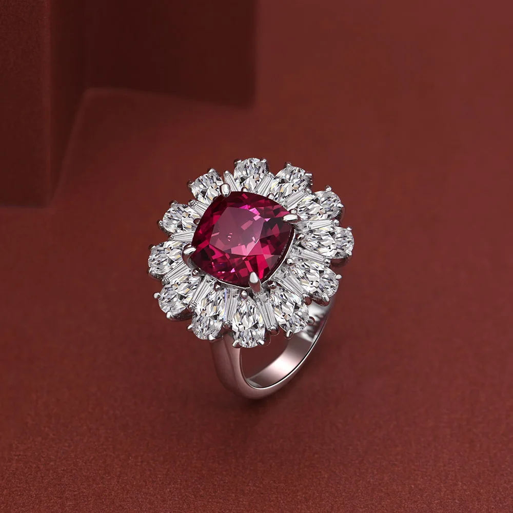 

Luxury 100% 925 Silver 9*9MM Ruby Flower Bridal Ring Wedding Engagement Wholesale Exquisite Jewelry