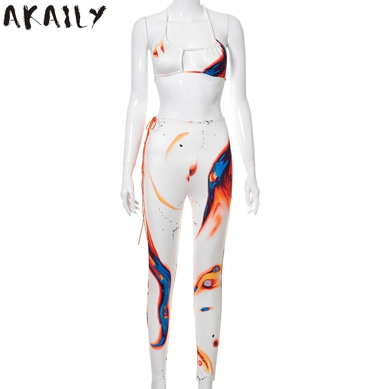 

Akaily Streetwear Print Hollow Out 2 Two Piece Sets Women Outfits Halter Sleeveless Backless Crop Top Bandage Long Pants Sets