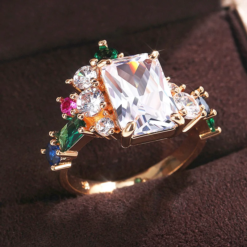 

Luxury Female Rainbow Crystal Stone Ring Charm Gold Color Wedding Rings For Women Trendy Bride Square Zircon Engagement Ring