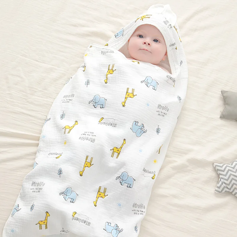 

100% Cotton Gauze Baby Swaddling Cape Bath Towel, Baby Cartoon Hooded Windproof Swaddling Cloth, Soft and Absorbent 140*70cm