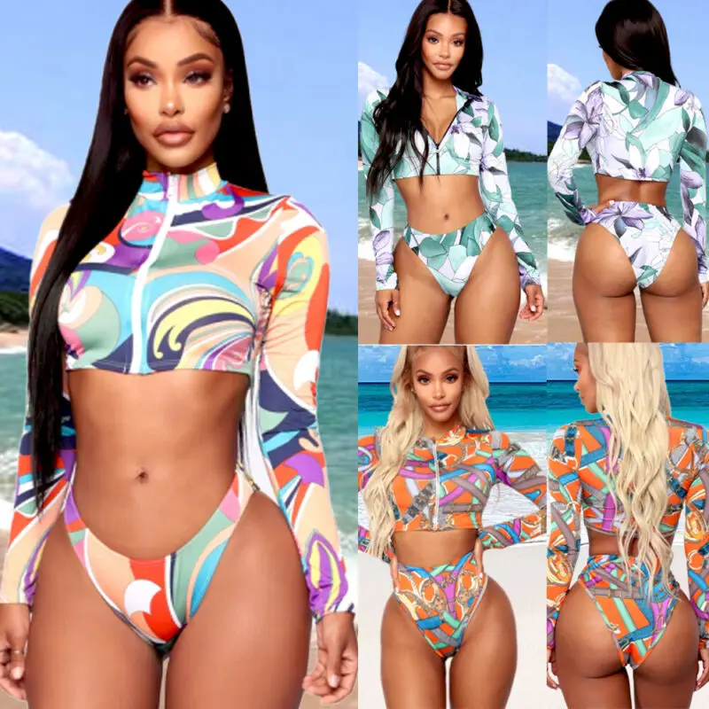 

Women High Waist Bikini Set Push Up Swimsuit Bathing Suit Long Sleeve Swimwear