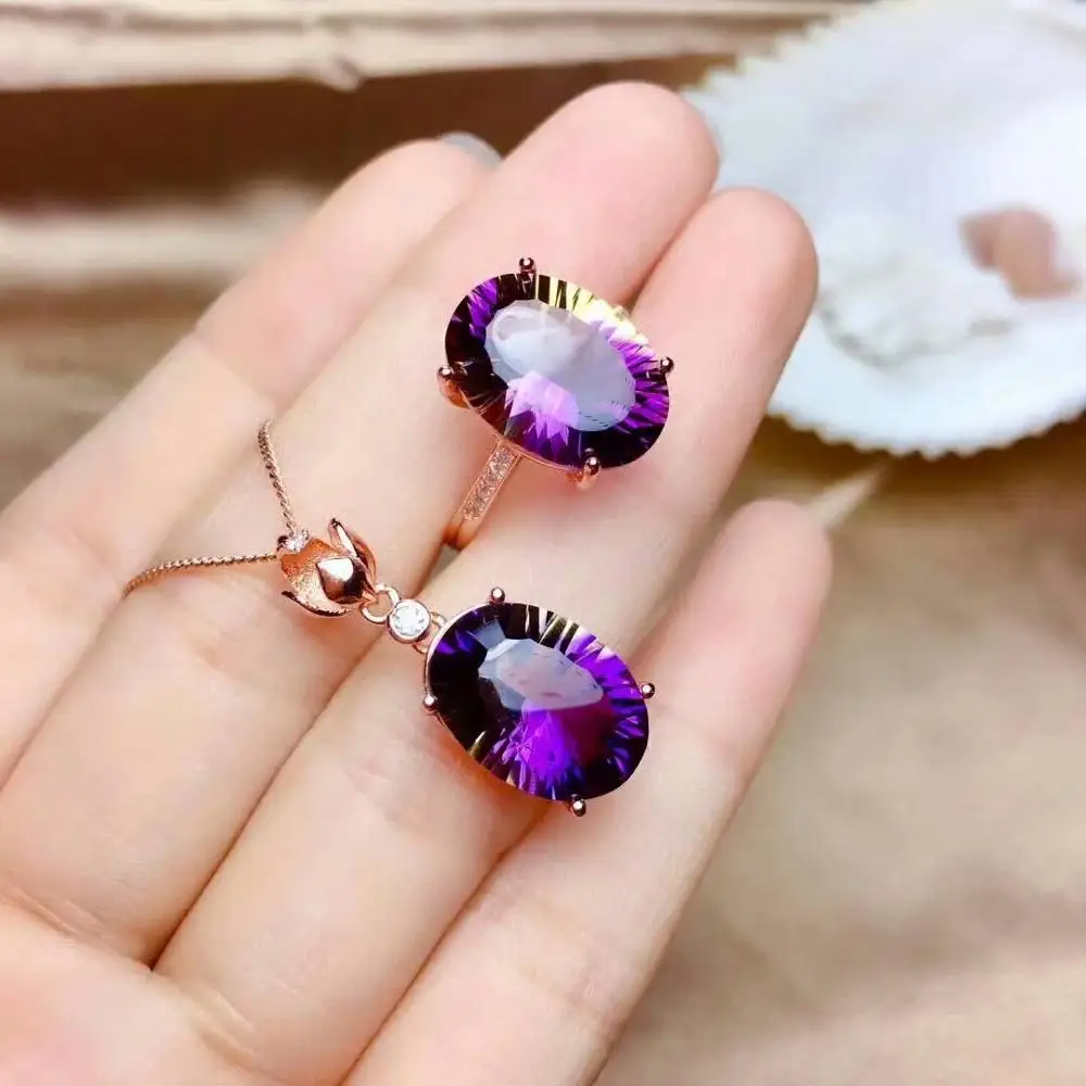 

SHILOVEM 925 STERLING SILVER PIEZOELECTRIC AMETRINE PENDANTS RINGS FINE JEWELRY TRENDY GIFT NEW WEDDING 10*10MM MTZ101023AGZJ