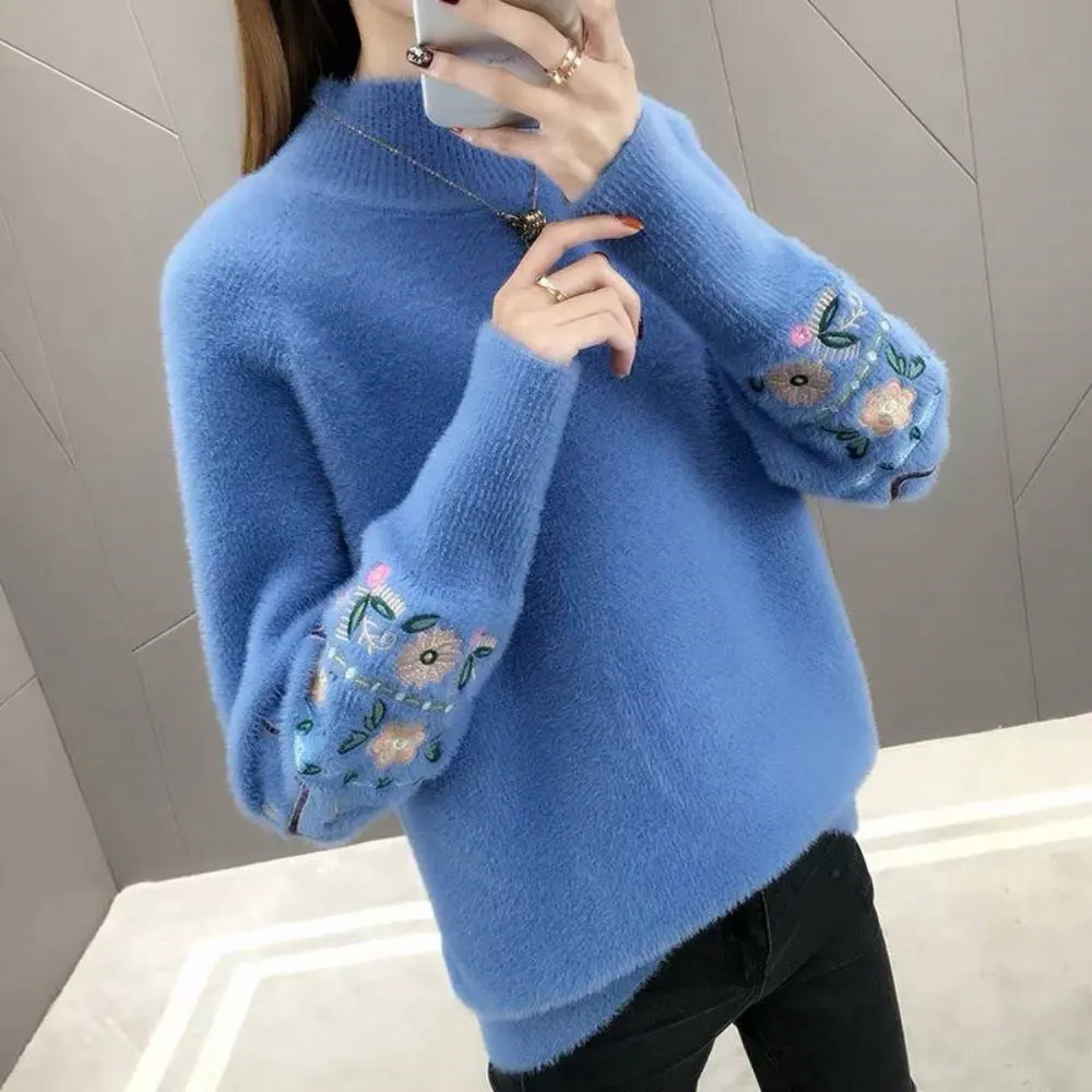

ZOTTSOZ Harajuku Korean Casual Loose Sweaters Pullover Women Flower Embroidery Thick Knitted Jumpers Tops Knitwear Streetwear