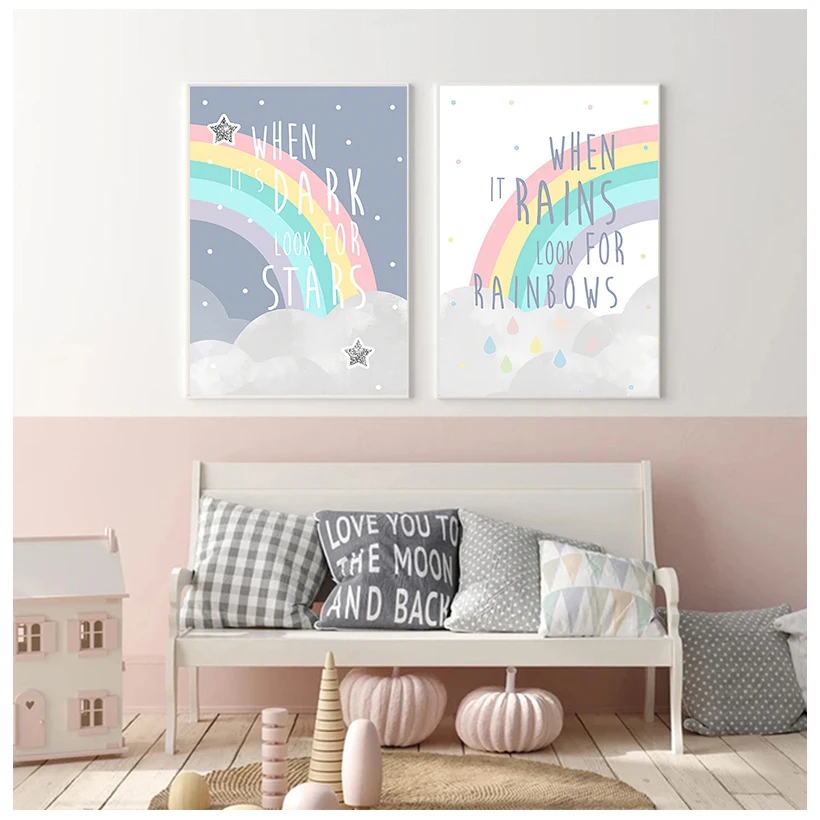

Rainbow Nursery Simple Quotes Poster Cartoon Wall Art Canvas Print Painting Decorative Picture Kid Child Bedroom Decoration