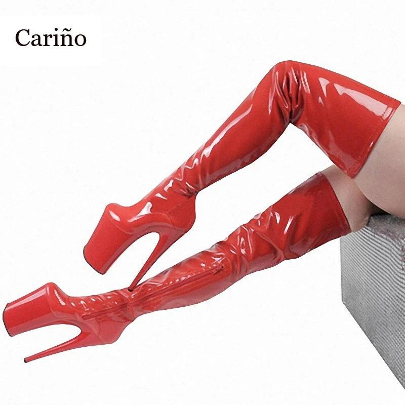 

Пикантные туфли на высоком каблуке (20 см) сапоги для женщин искусственная (-ый) Лакированная кожа круглый носок сапоги выше колена на застежк...