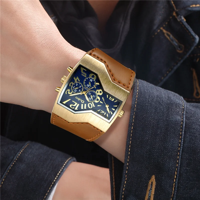 

Oulm Casual Wristwatch Square Dial Leather Strap Men's Quartz Watch Luxury Brand Male Clock Watches Gold montre homme