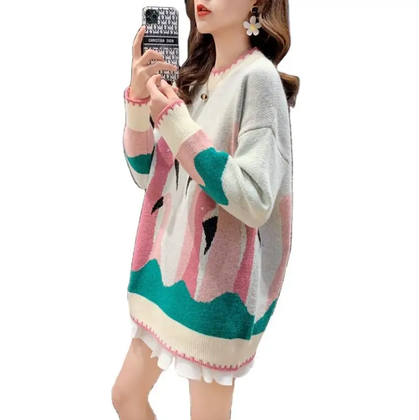 

2020 Winter new Cartoon print Sweater women fashon long sleeve O collar Knitted pullover female casual loose warm Tops p2178