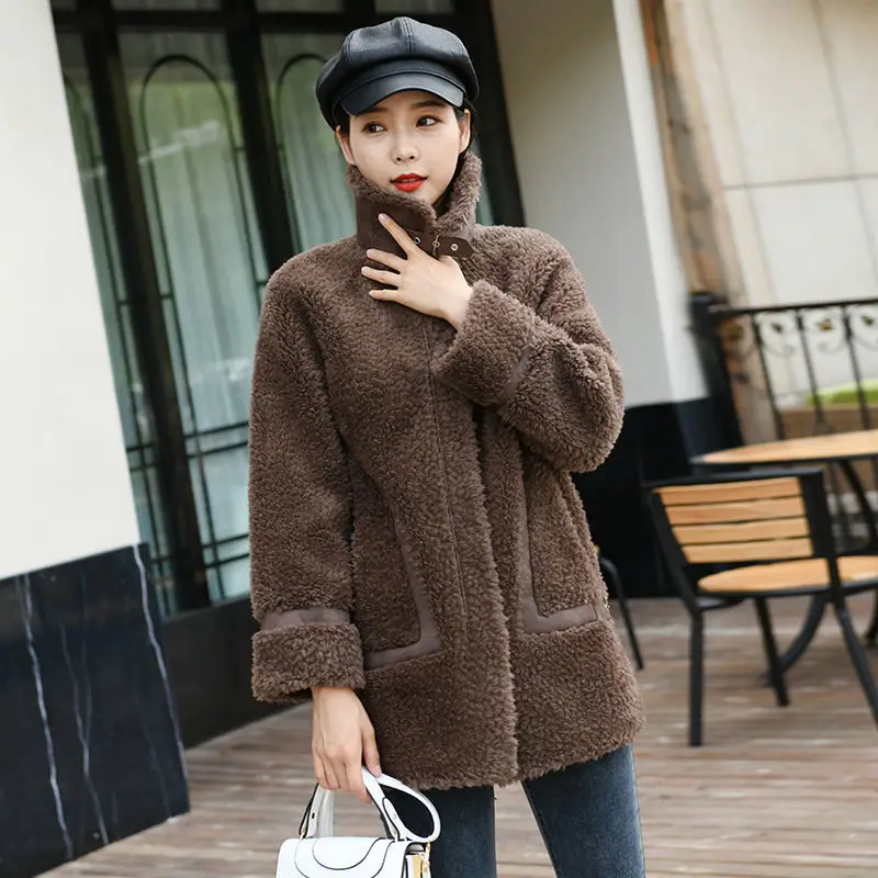 2020 New Autumn Winter Women Fashion Real Wool Fur Coats Female Causal Warm Loose Solid Korean Style Elegant Short Jackets W5