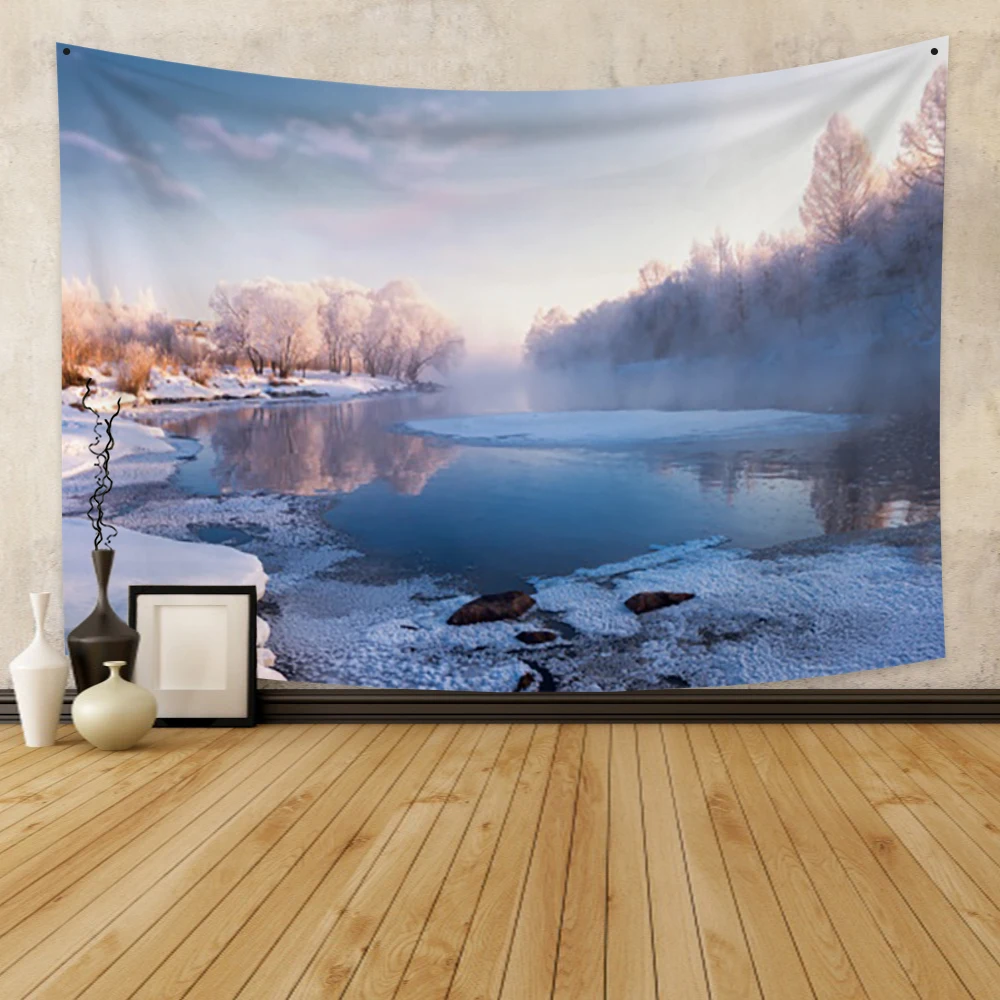 

Laeacco Winter Lake Landscape Tapestry Wall Hanging Forest Sky Blanket Wall Carpe Dorm Home Decor Beach Wall Chart Tapestries