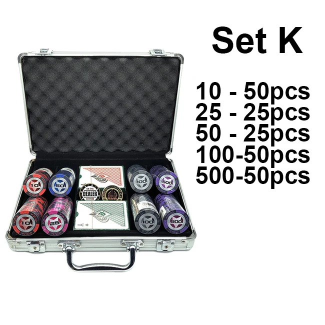 Set K Набор фишек для покера серии World, 200 шт., с дилером и все в комплекте, 2 пластиковые игральные карты и чемодан, 40*3,4 мм, 14 г - Цвет: Set K