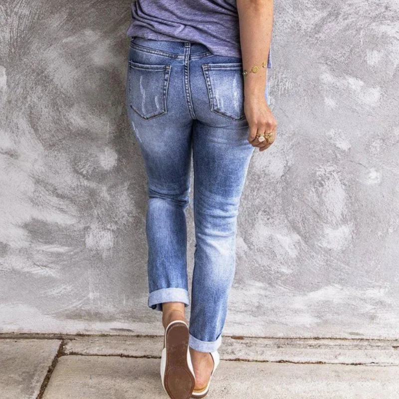 

Women Casual Jeans Pants Lady High waist Ripped Destroyed Draped Stretch Slim Jeans Hot fashion Holes Pencil Trousers Streetwear
