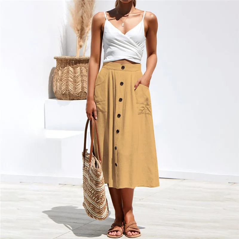 Женская Однотонная юбка миди LITTHING модная однобортная средней длины с высокой