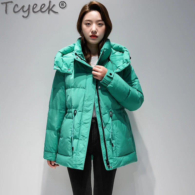 

Куртка женская Tcyeek, на белом утином пуху, теплая, длинная, в Корейском стиле, с капюшоном, SQQ473, зима 2021