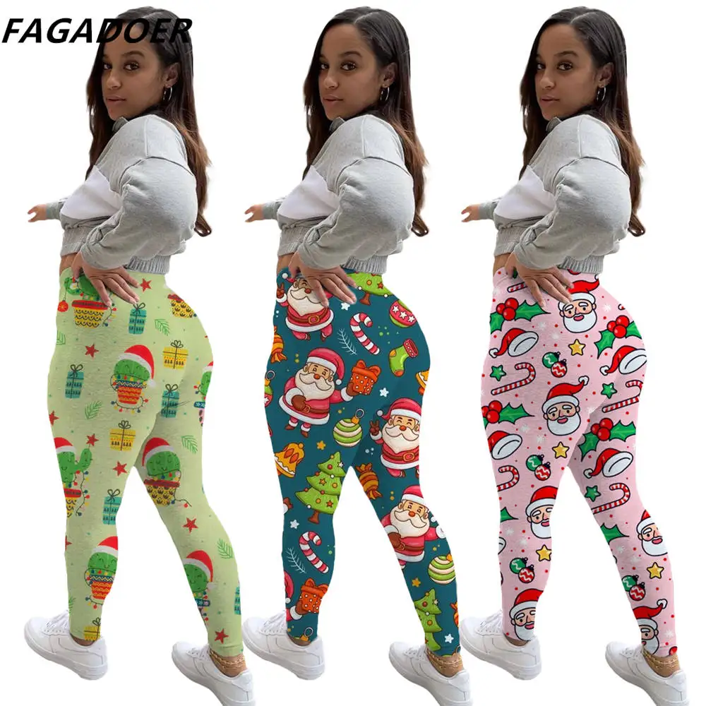 

FAGADOER Fashion Christmas Print Trousers For Women Lady Casual Elasticity Skinny Leggins Pants Female Party Club Clothes 2021