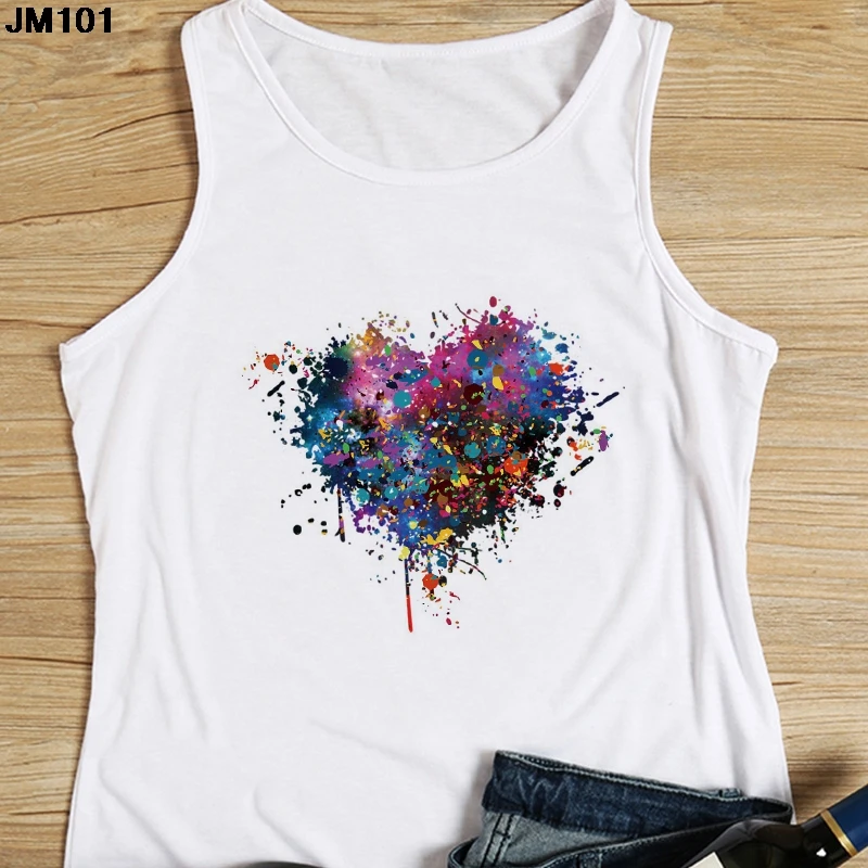 

Heart Flower Printed Ladies Camisole Harajuku Casual White Vest Summer Women's Love Graphic Tank Tops Fashion Sleeveless T-shirt