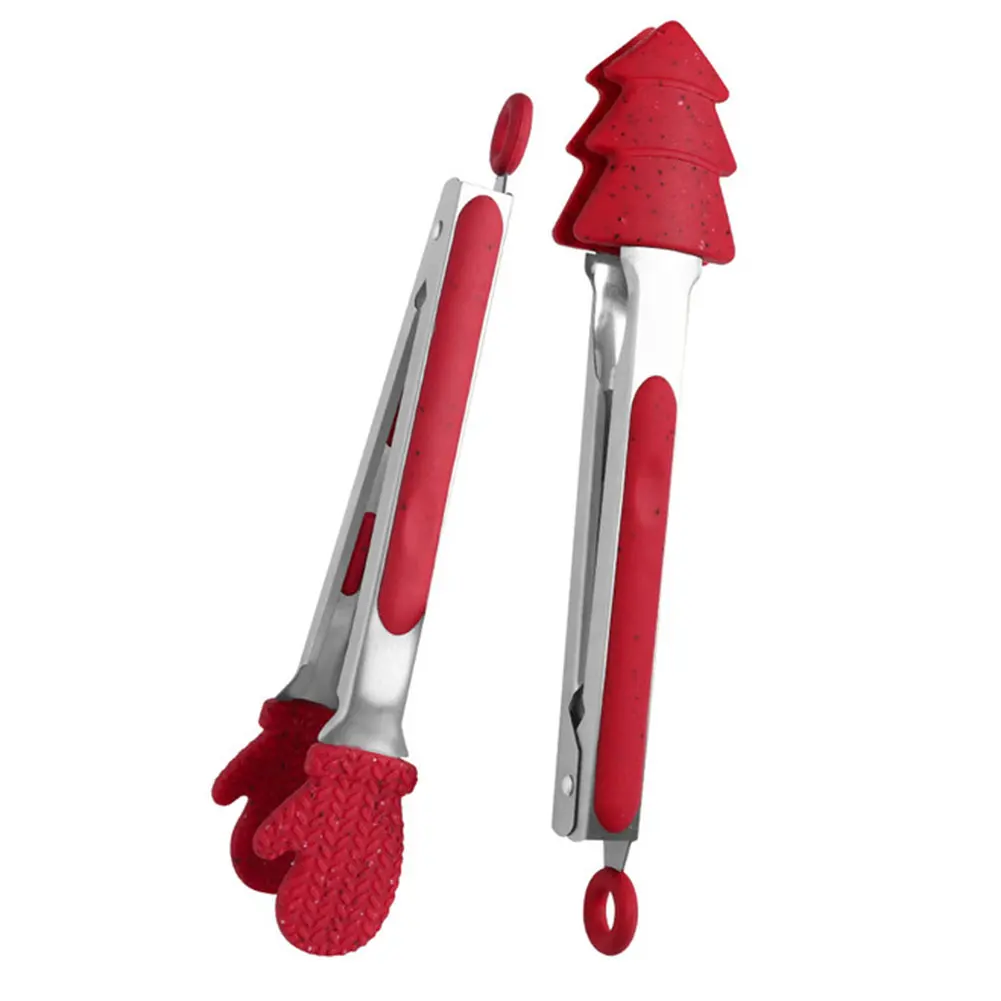 

2pcs Heat Resistant Noodles Kitchen Tool Easy Clean Non Slip Hanging Hole Christmas Style Food Tong Bread Cooking Portable