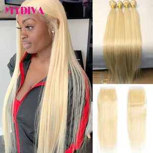 613 пряди светлых волос с закрытием, бразильские прямые пряди волос с закрытием Remy, человеческие волосы для наращивания 10-30 дюймов в комплекте