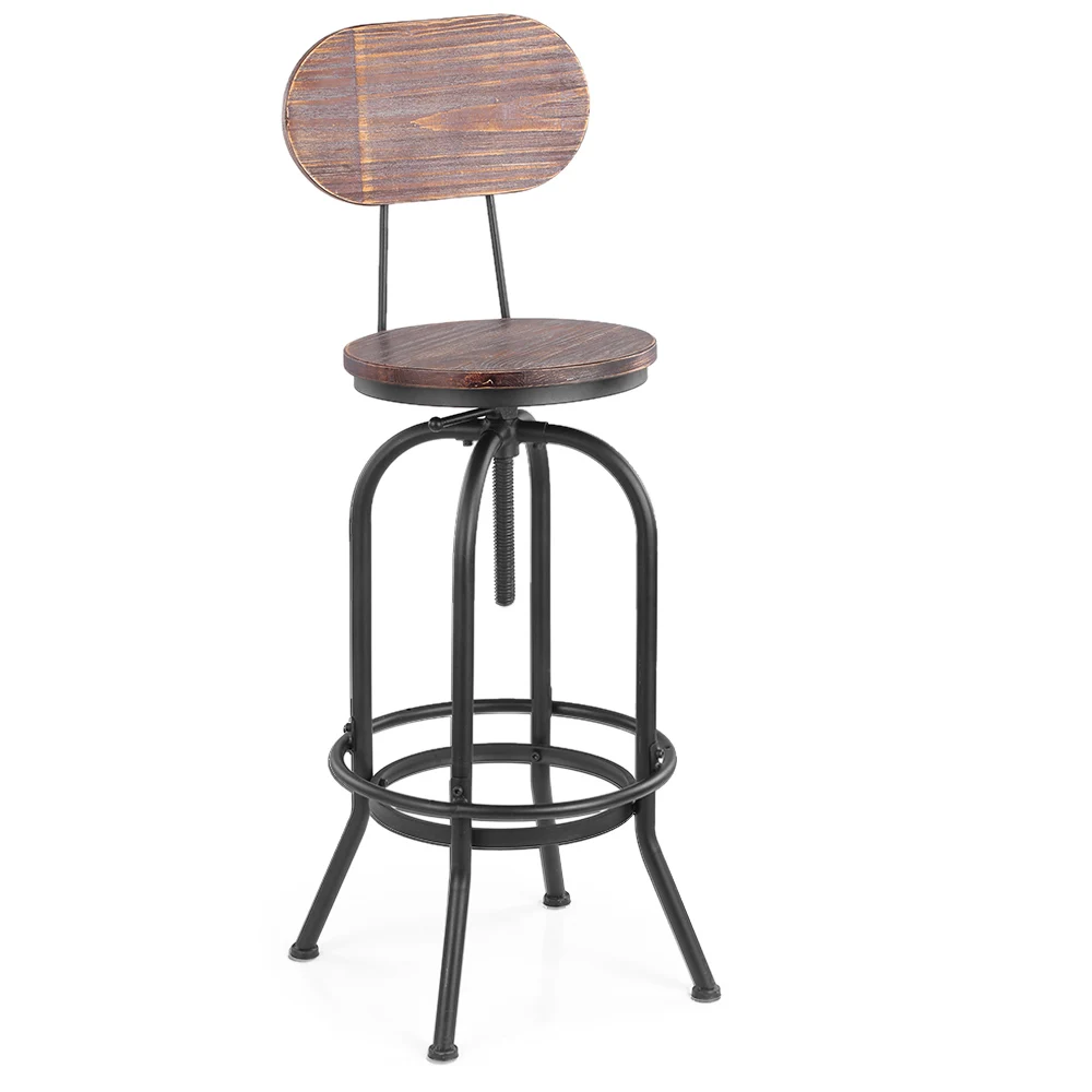 iKayaa Industrial Style Bar Stool Height Adjustable Swivel Stool Kitchen Dining Chair Pinewood Top Bar Chair with Backrest