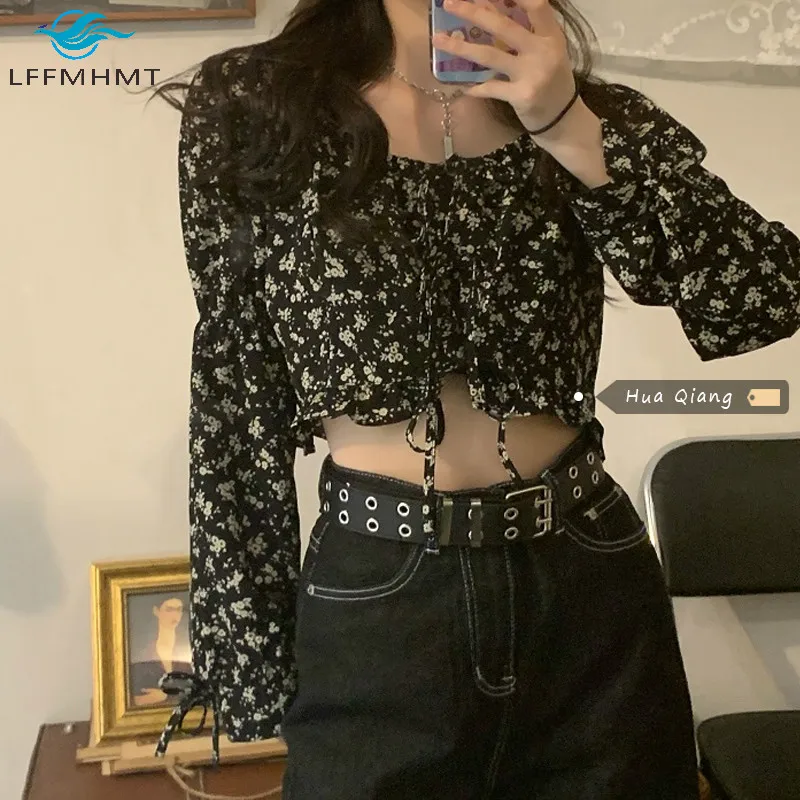 

Женская весенне-осенняя Модная рубашка с длинным рукавом и цветочным принтом в стиле Хепберн, Корейская короткая рубашка, Офисная Женская п...