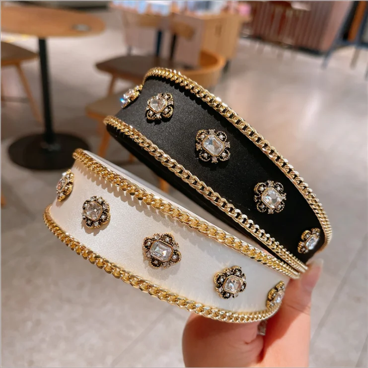 

Women hairbands Crown Pearl Rhinestone Chain Headbands Fashion Temperament Wide Version Female Hair Accessories