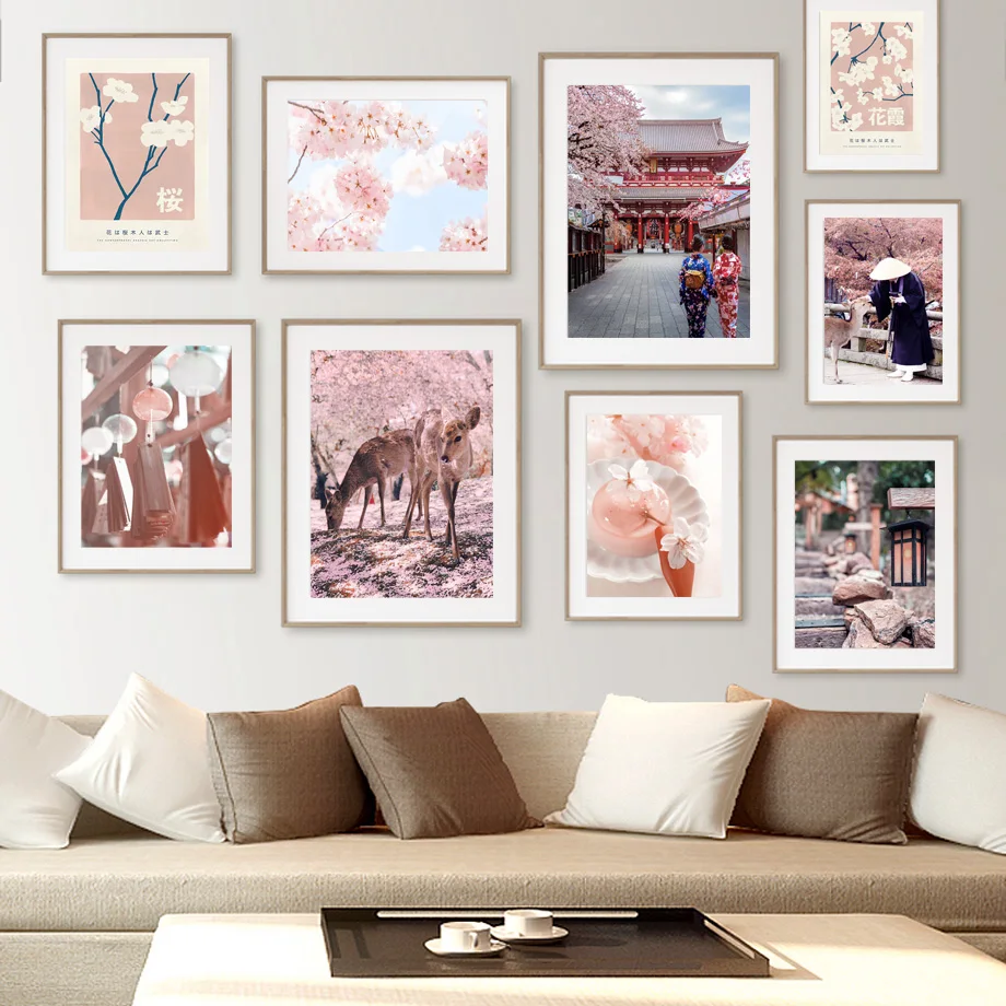 

Japanese Deer Sakura Fuji Mountain Monk Wall Art Canvas Painting Nordic Posters and Prints Wall Pictures for Living Room Decor