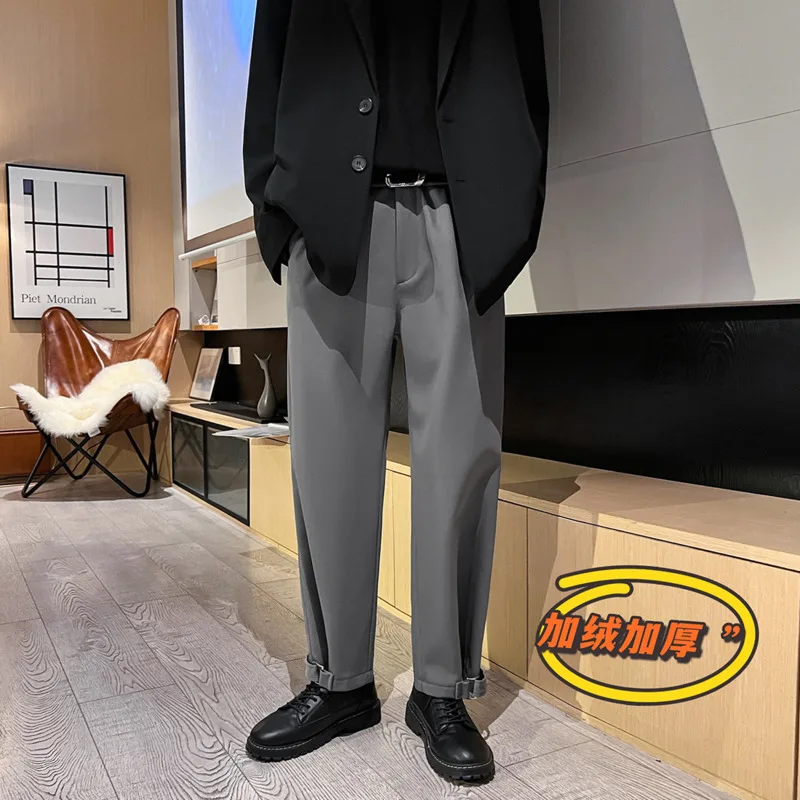 

Winter Plus Velvet Thick Suit Pants Men Warm Fashion Society Mens Dress Pants Korean Loose Straight Casual Pants Men Trousers
