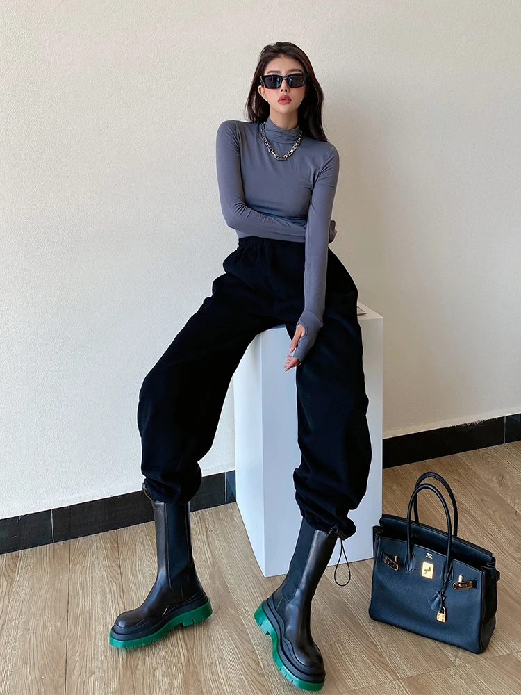 

WOMENGAGA Street Knitted Straight Tube Sports Pants Women's High Waist Drawstring Tie Loose Casual Harem Pants Trousers GDC1