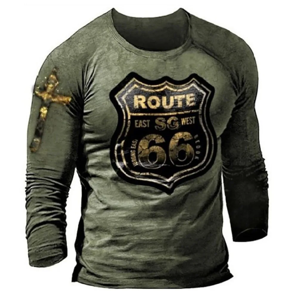 2022 Oversizes Men's Clothing Retro 3d T-shirt Route 66 Printed Street Retro Long-sleeved  Casual Breathable Top Men 5xl