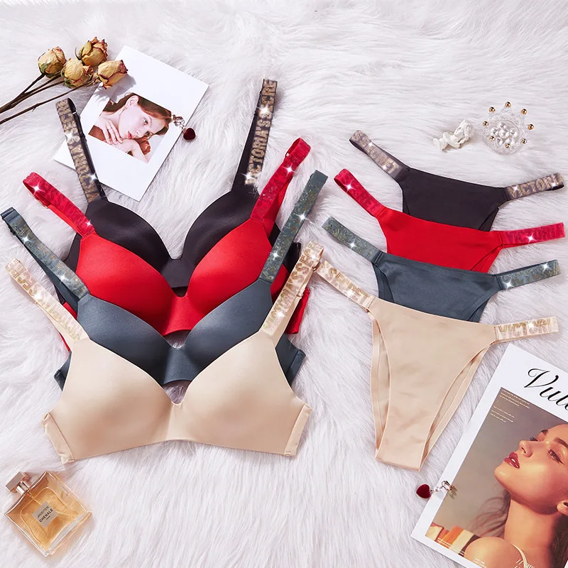 

New lingerie set straps hot diamond sexy bra set solid color multicolor seamless underwear glossy fabric gathered bralette panty
