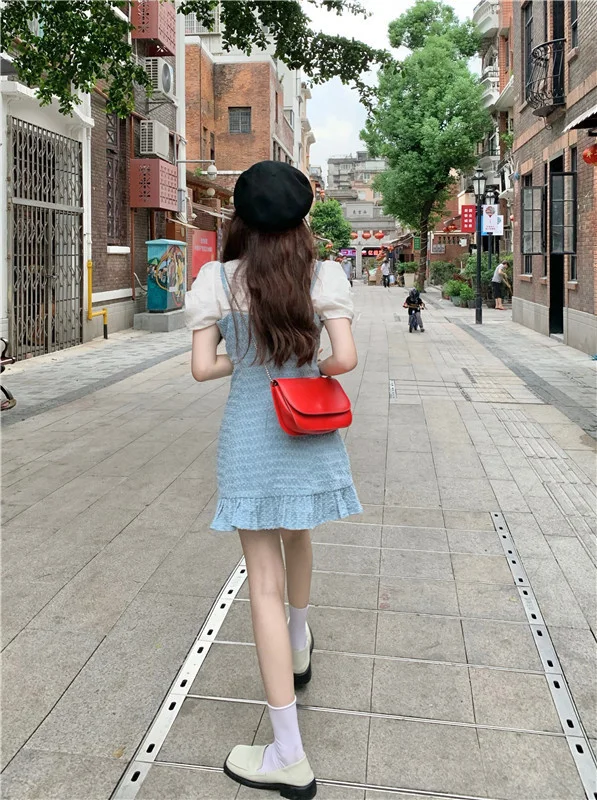 Корейское платье с лацканами светло-голубое поясом и | Женская одежда