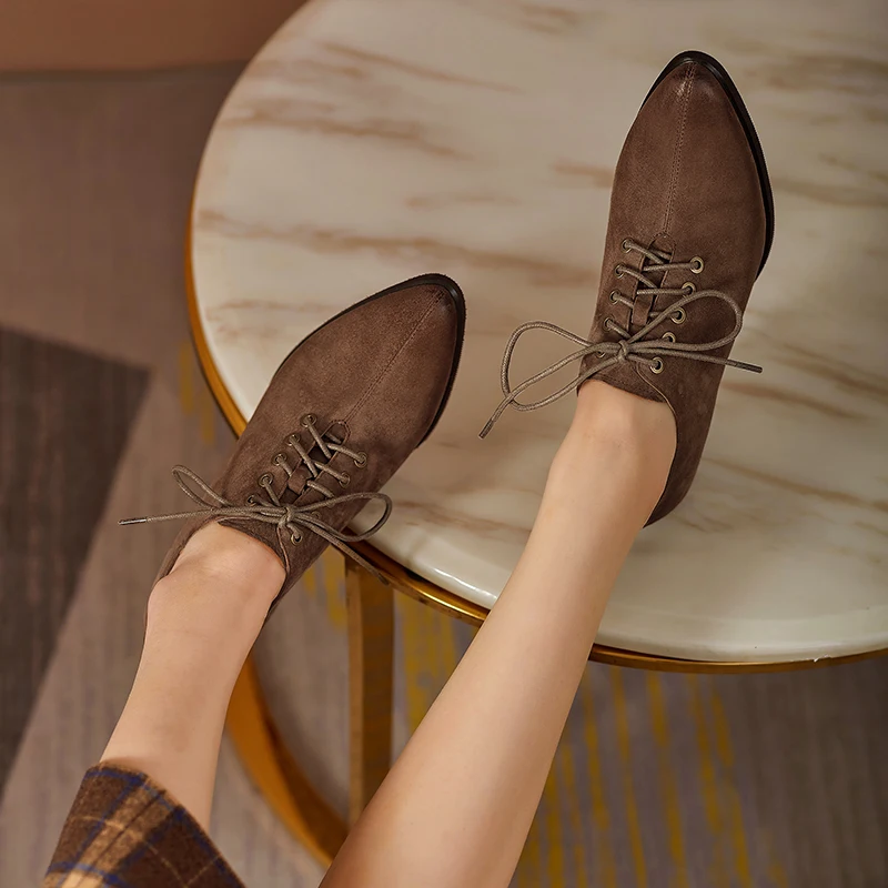 

QUTAA 2021 Pointed Toe Pigskin Women Pumps Spring Autumn Lace Up Square High Heels Basic Classic Ladies Shoes Big Size 34-42