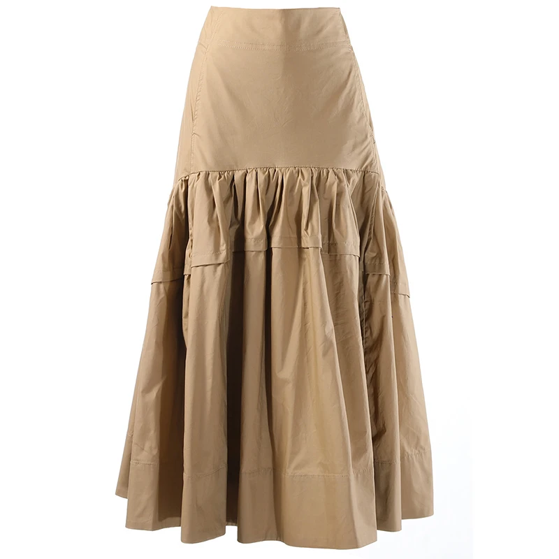 

Women Khaki Black Pleated Long Casual Midi A-LINE Half-body Skirts High-waisted Skirt Fashion Tide Spring Autumn Women's 2021