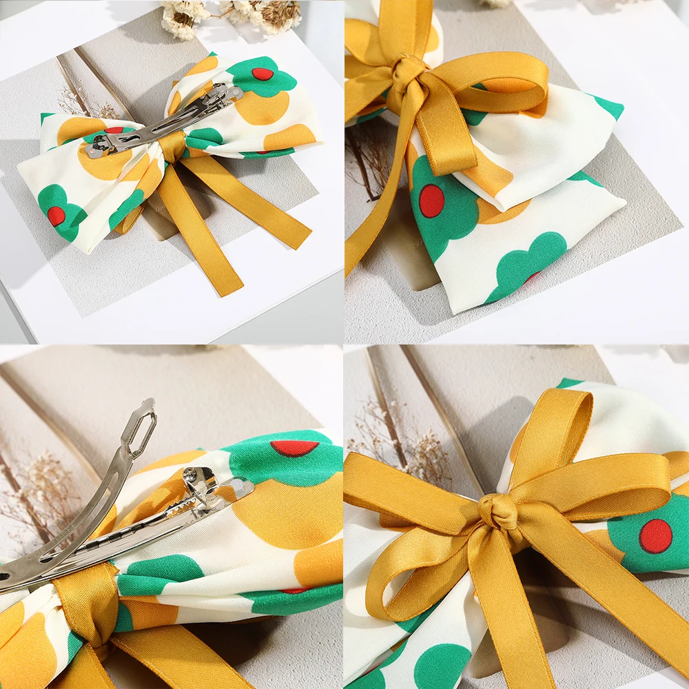 

Print Bow Hair Accessories Fashion Satin Ribbon Hairpins Big Bow Hair Clip Women Girls Ladies Hairgrip Cute Double Spring Clip