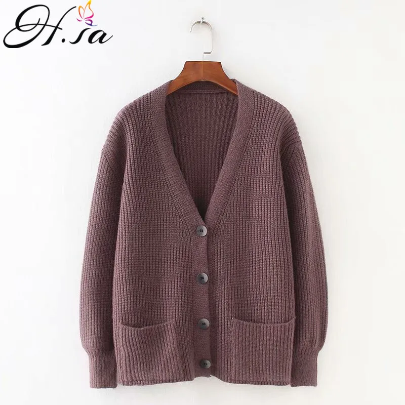 

H.SA 2020 Women Knitted Sweater Cardigans Long Sleeve V neck Button Pocket Korean Knit Jacket Loose Cardigans Cashmere Tops