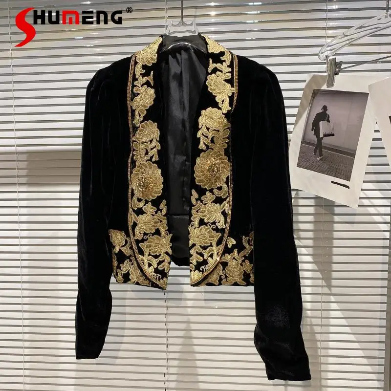 2021 New Autumn Women's Chinese Style Gold Thread Embroidered Blazers Ladies Fashion Neckline Sleeve Gold Velvet Suit Jacket