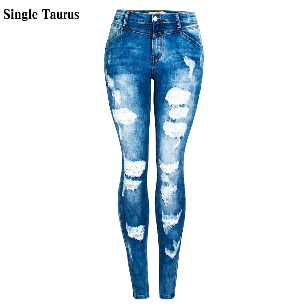 

2021 New Jeans Woman Fashion Washed Blue Ripped Jeans for Women Europe and America Streetwear Bleached Casual Skinny Ropa Mujer