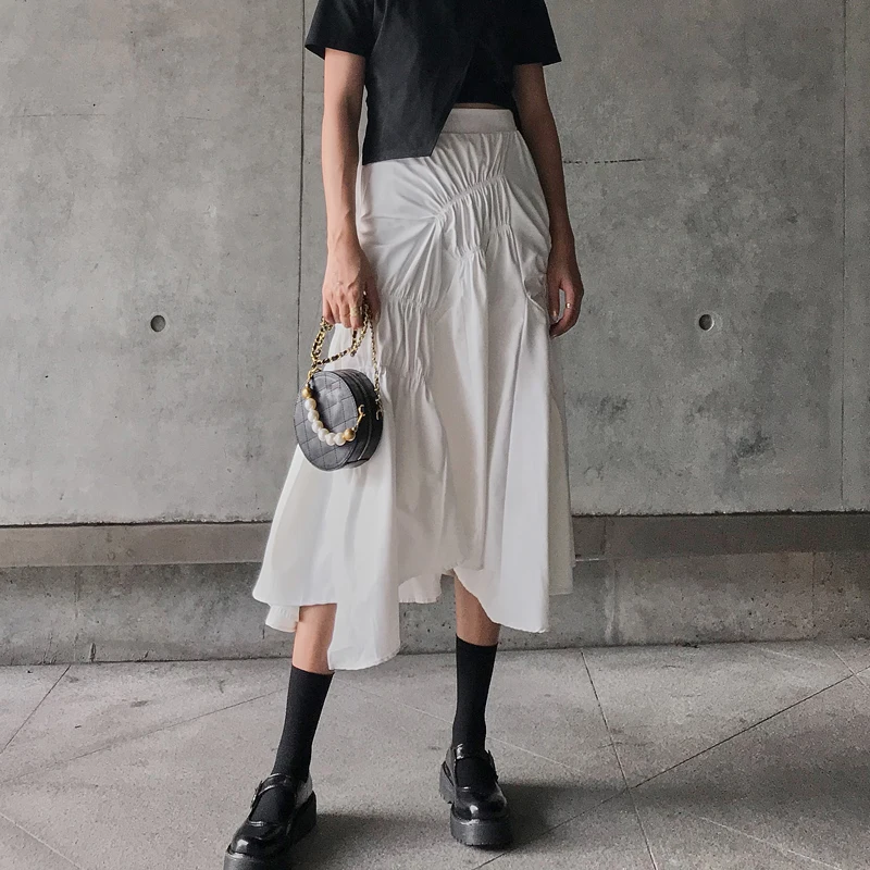 

Korean Ruffle Pleated Midi Long A-line Skirt Women Casual Spring Summer Autumn Elastic High Waist Irregular Hem All-match Skirts