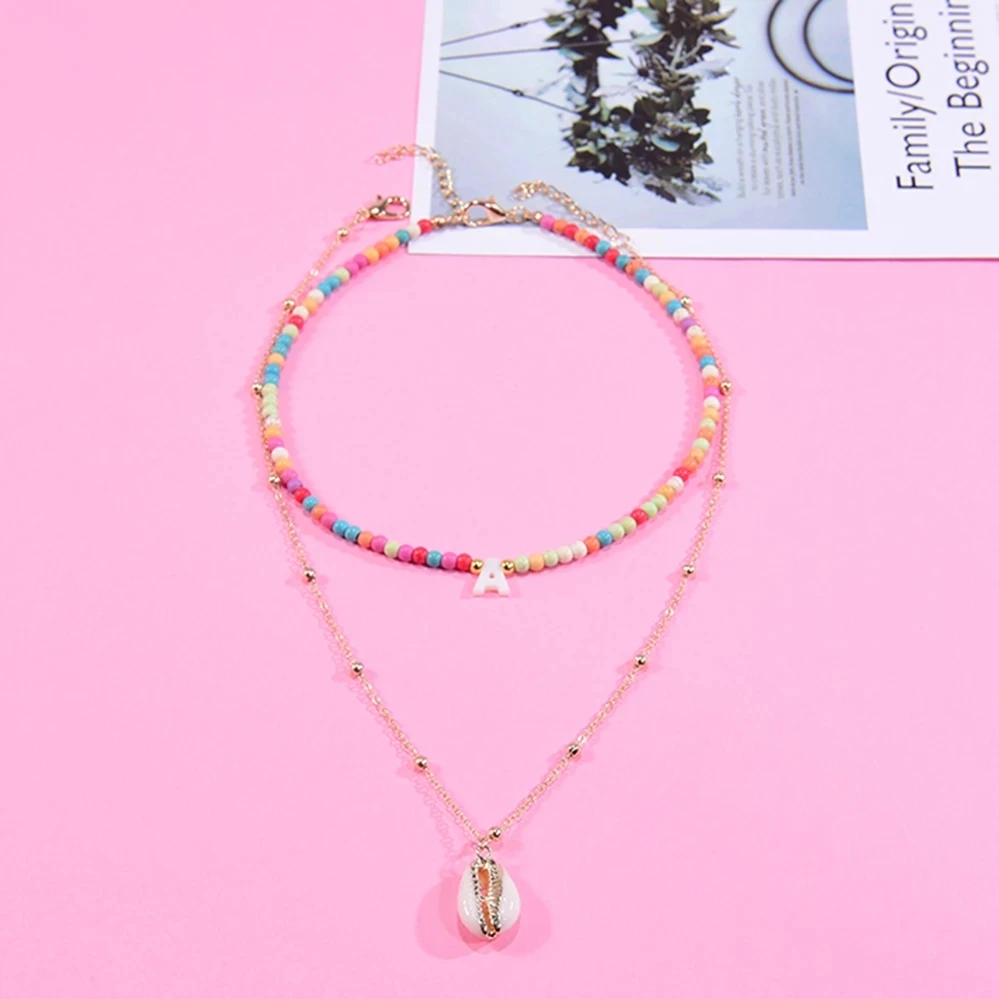 

2Pcs/Set Bohemian Colorful Shell Letters Necklace 2021 Trendy Shells Pendant Beaded Chain necklace for women Boho Jewelry Choker